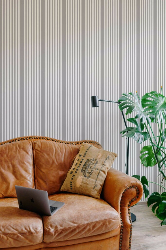 Mid-century modern style living room decorated with French stripe peel and stick wallpaper