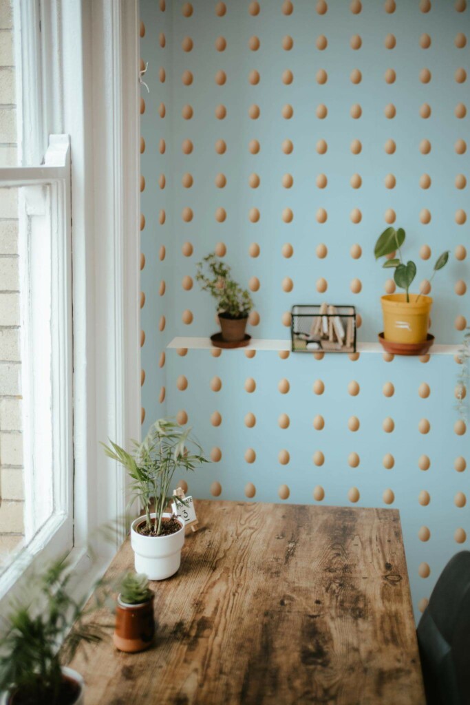 Farmhouse style home office decorated with Fresh eggs peel and stick wallpaper