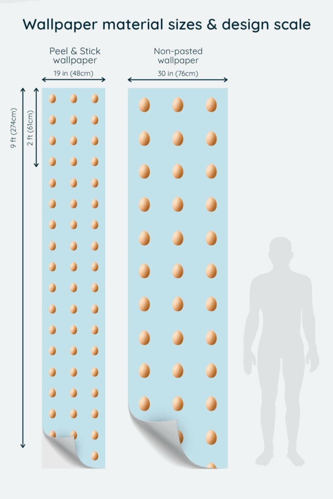 Size comparison of Fresh eggs Peel & Stick and Non-pasted wallpapers with design scale relative to human figure
