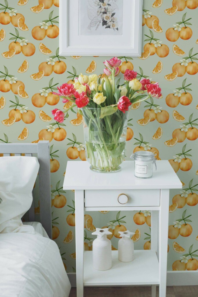 Farmhouse style bedroom decorated with Fresh orange peel and stick wallpaper