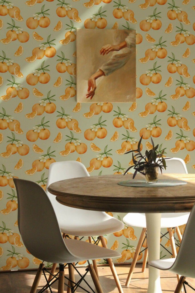 Scandinavian farmhouse style dining room decorated with Fresh orange peel and stick wallpaper