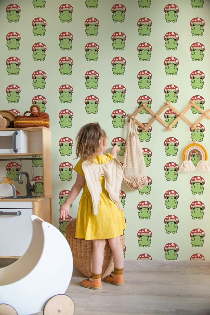Bohemian style kids room decorated with Frog peel and stick wallpaper