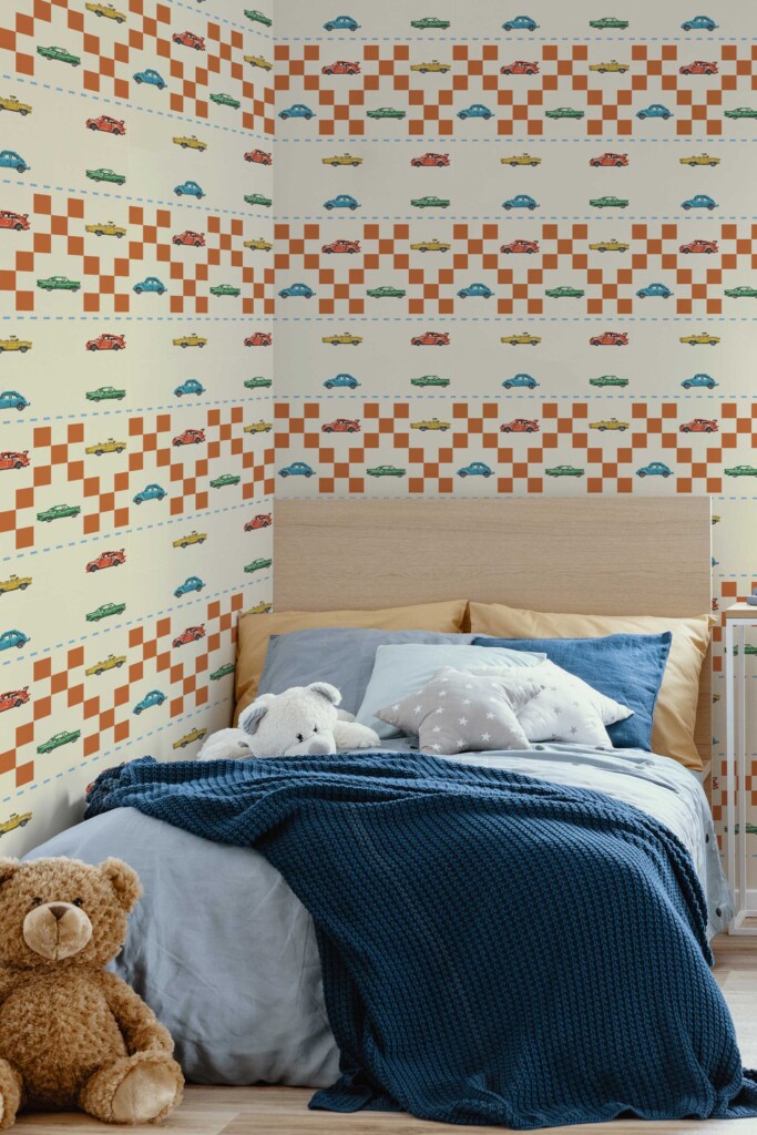 Traditional wallpaper with playful pixel cars by Fancy Walls