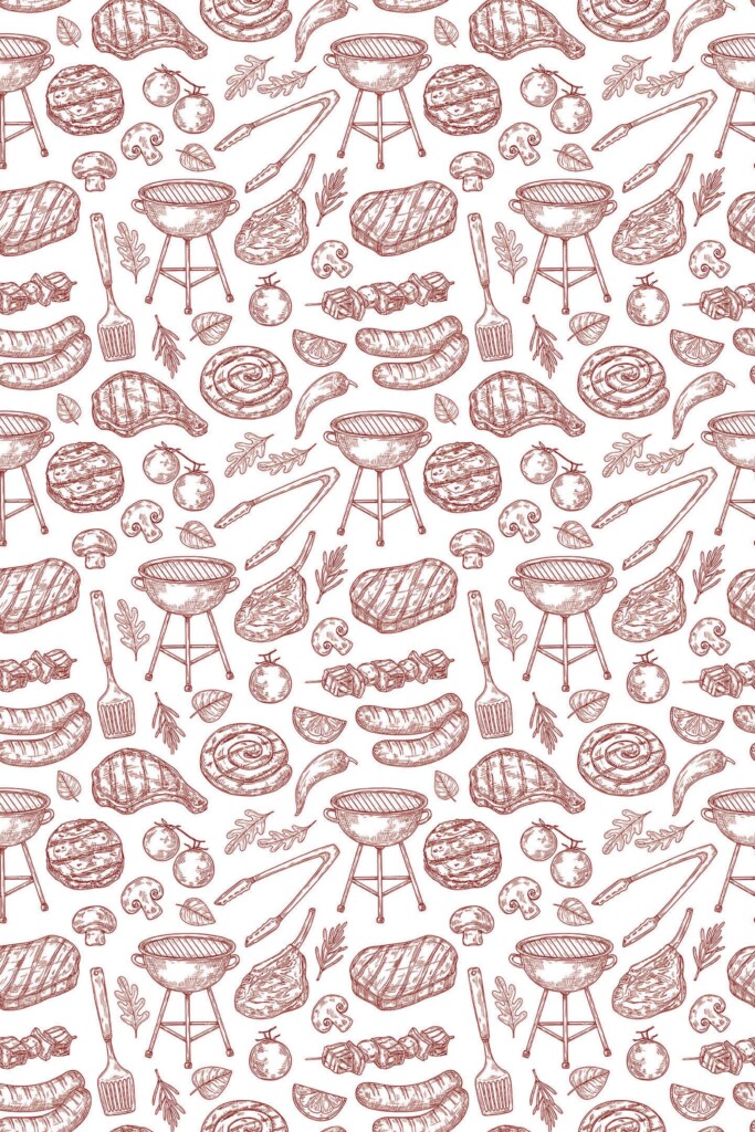 Fancy Walls Burgundy Fun self-adhesive wallpaper with BBQ items