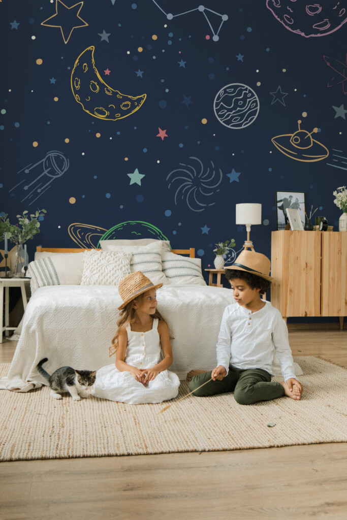 Playful galaxy line art wall mural peel and stick by Fancy Walls for star-themed kids room décor