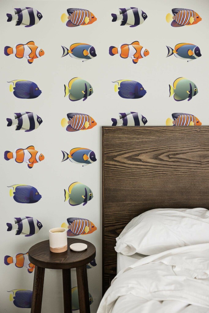 Farmhouse style bedroom decorated with Fun fish bathroom peel and stick wallpaper
