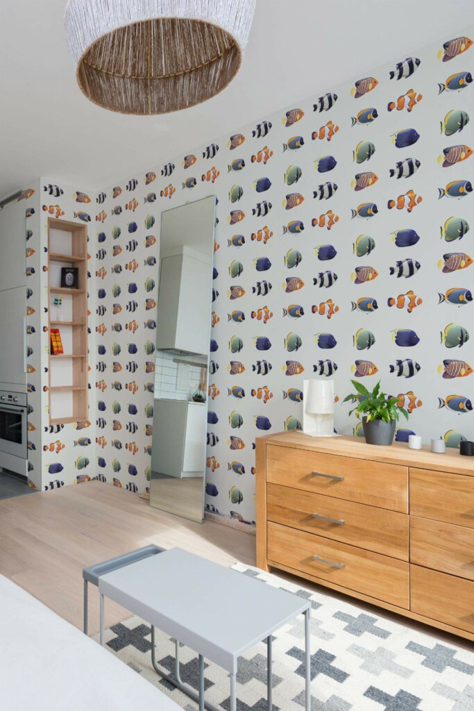 Scandinavian style small apartment decorated with Fun fish bathroom peel and stick wallpaper
