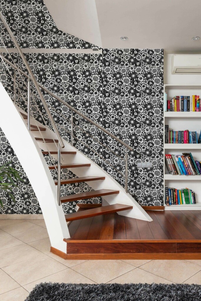 Modern style hallway with stairs decorated with Fun floral peel and stick wallpaper