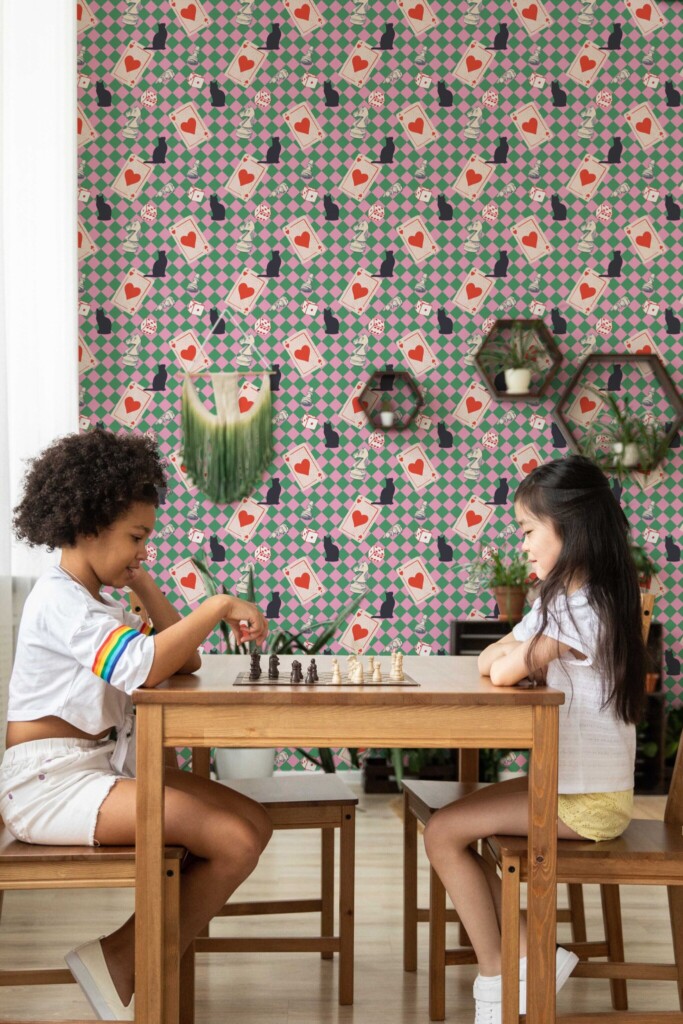 Fancy Walls self-adhesive wallpaper with colorful harlequin background and gaming icons. Playful Cats and cards wallpaper for game room