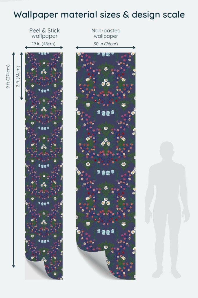 Size comparison of Fun scandinavian Peel & Stick and Non-pasted wallpapers with design scale relative to human figure