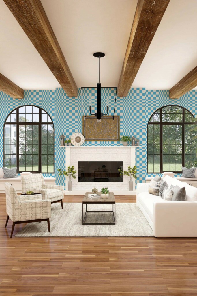 Light farmhouse style living room decorated with Funky blue illusion peel and stick wallpaper