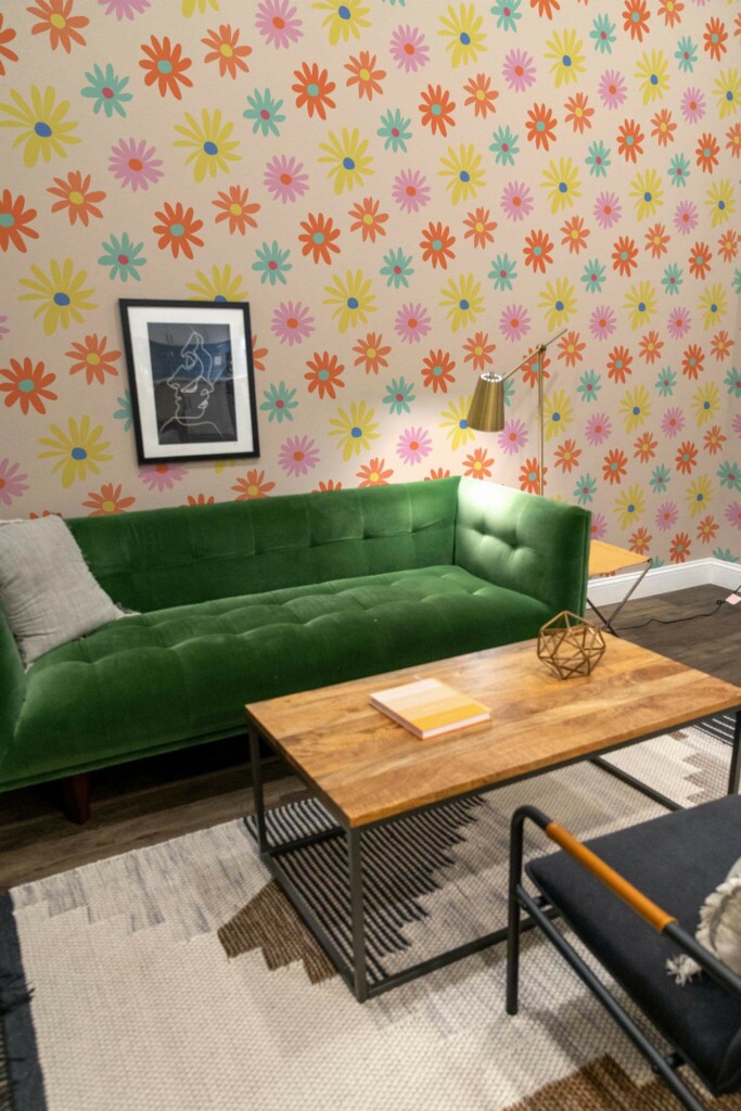 Mid-century modern living room decorated with Funky floral peel and stick wallpaper and forest green sofa