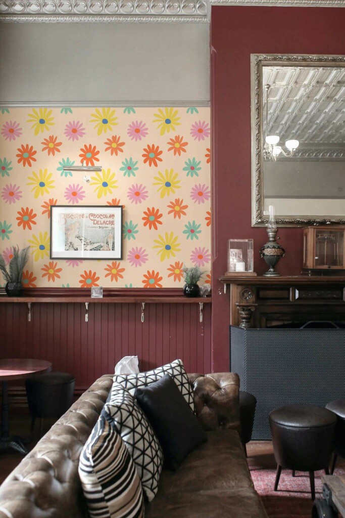 Rustic traditional style living room decorated with Funky floral peel and stick wallpaper