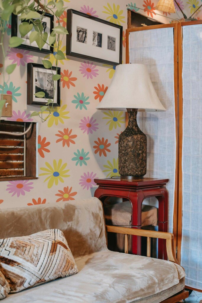 Southwestern style living room decorated with Funky floral peel and stick wallpaper