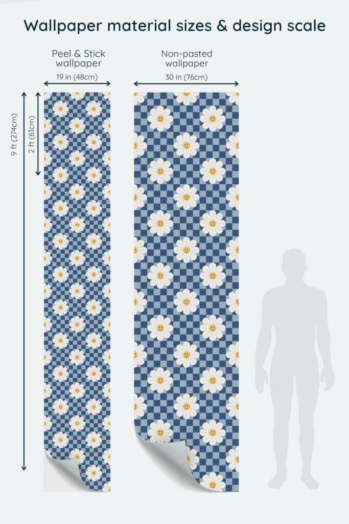 Size comparison of Funky floral Peel & Stick and Non-pasted wallpapers with design scale relative to human figure