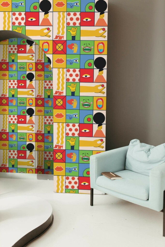 Mondern boho style living room decorated with Funky Fun peel and stick wallpaper
