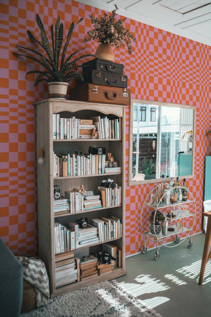 Farmhouse style living room decorated with Funky illusion peel and stick wallpaper