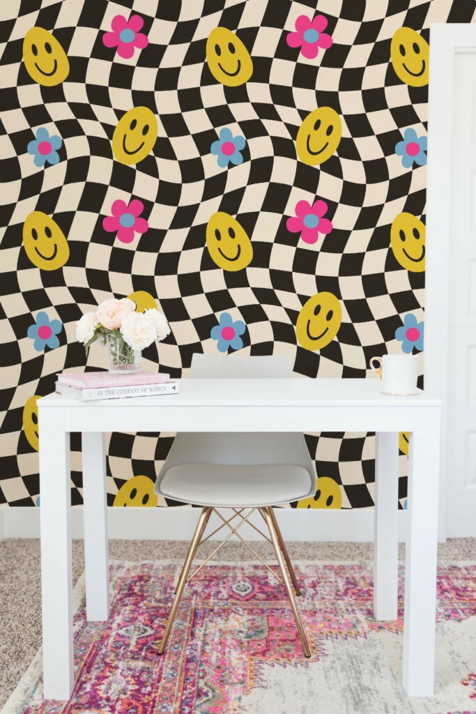 Shabby chic style home office decorated with Funky peel and stick wallpaper