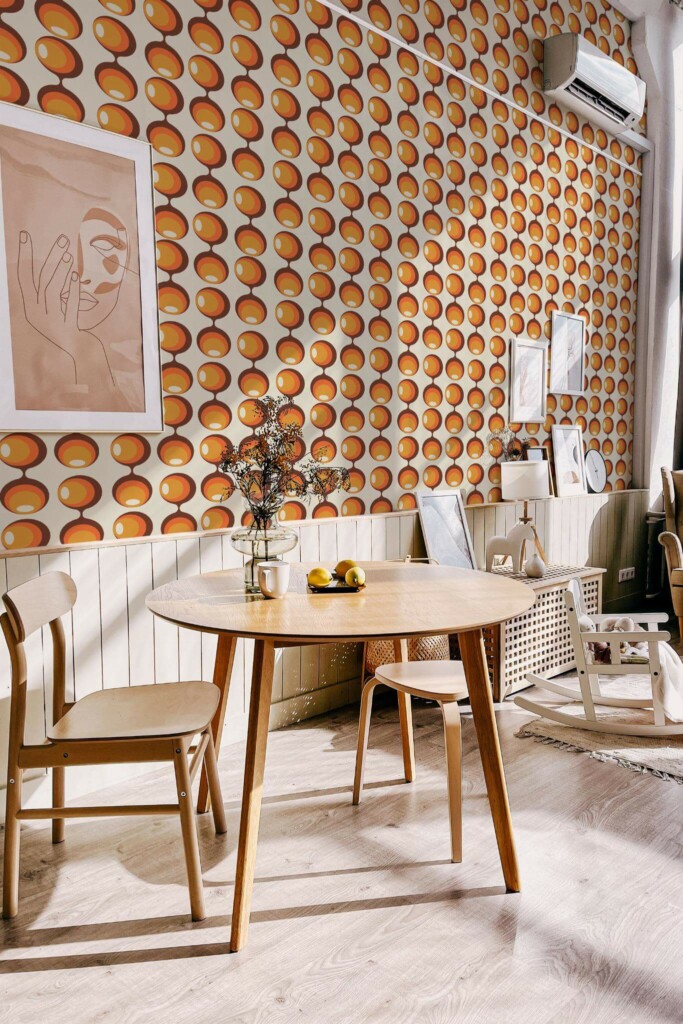 Modern boho style dining living room decorated with Funky retro peel and stick wallpaper