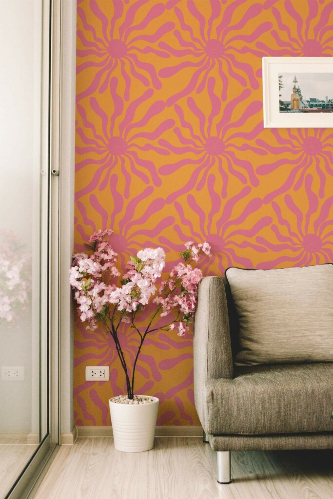 Modern farmhouse style living room decorated with Funky sun peel and stick wallpaper