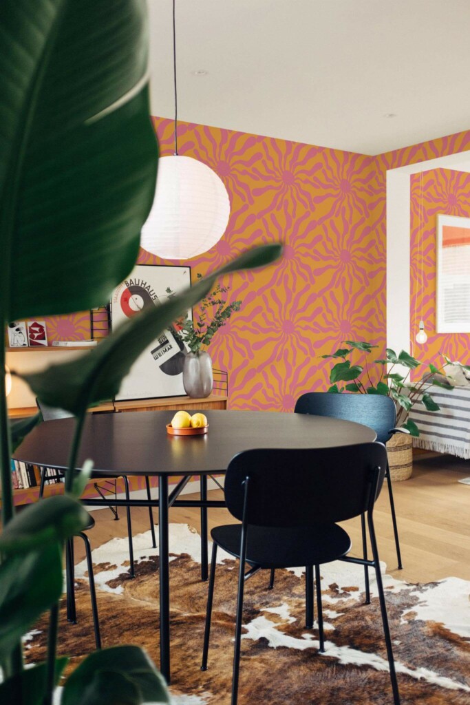 Scandinavian style dining room decorated with Funky sun peel and stick wallpaper