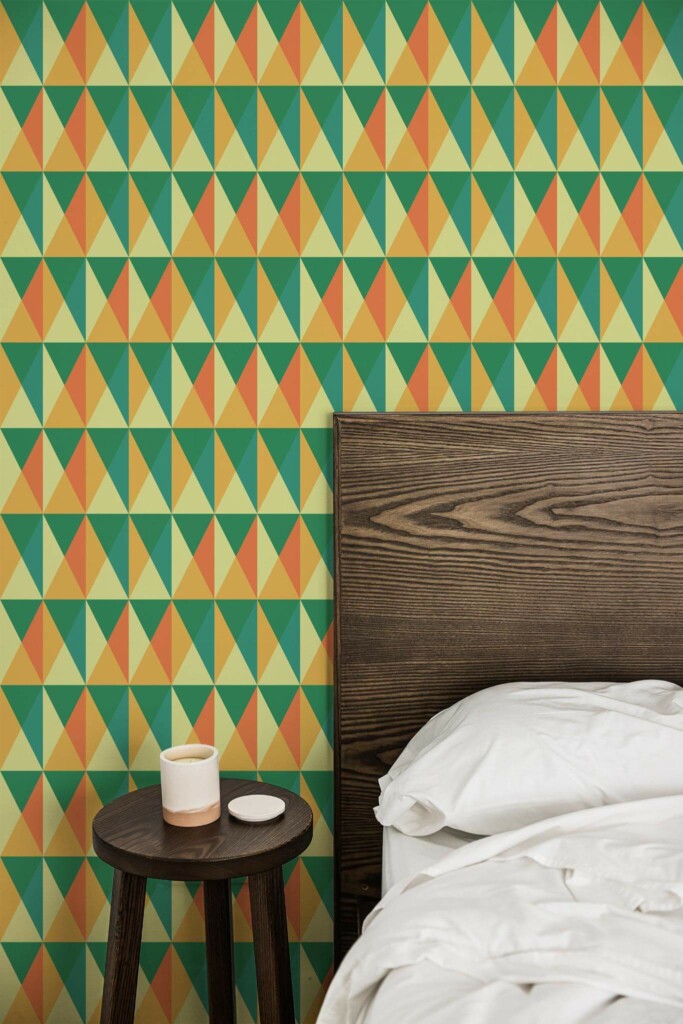 Farmhouse style bedroom decorated with Funky triangles peel and stick wallpaper