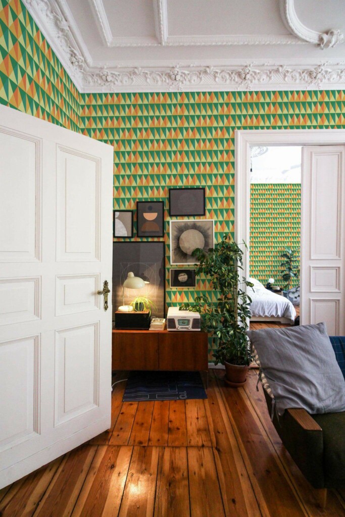 Mid-century modern luxury style living room and bedroom decorated with Funky triangles peel and stick wallpaper