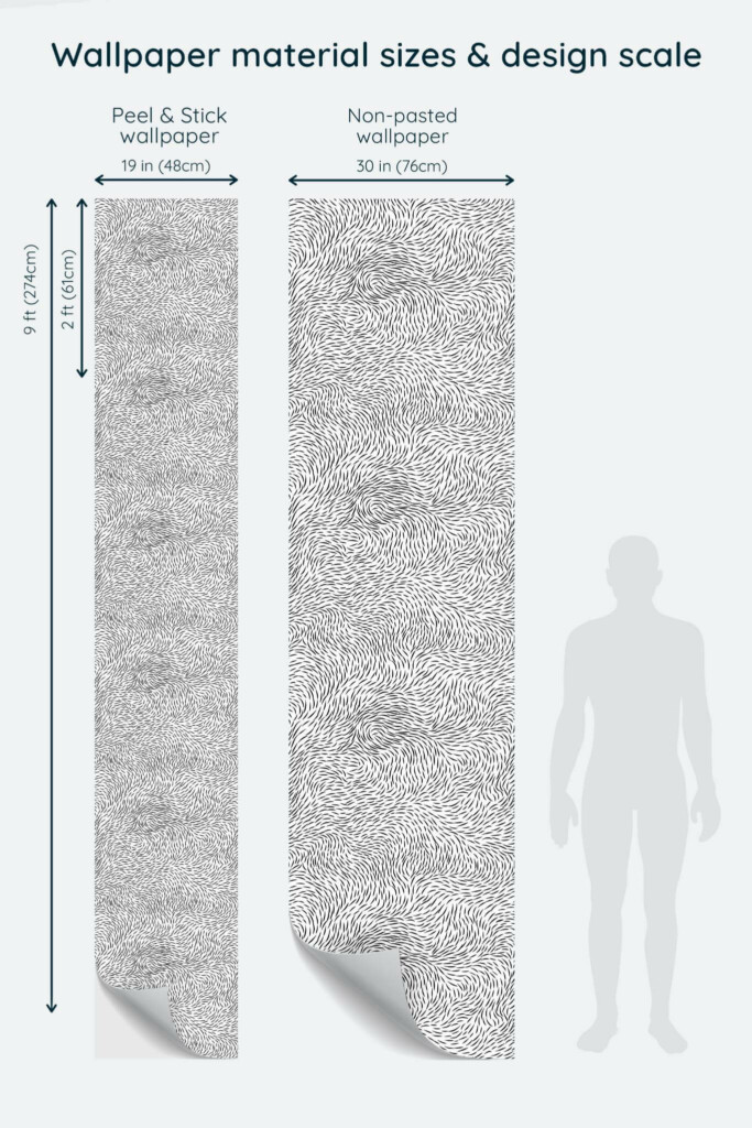 Size comparison of Fur Peel & Stick and Non-pasted wallpapers with design scale relative to human figure