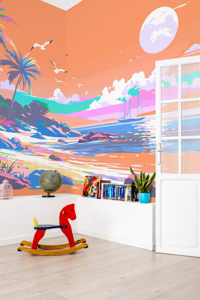 Self-adhesive wall mural featuring colorful beach scene by Fancy Walls