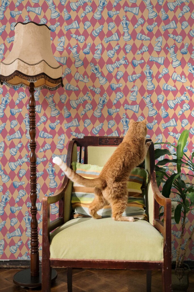 Fun game room orange chess theme from Fancy Walls removable wallpaper. Dizzy Vintage Chess wallpaper in a retro style living room