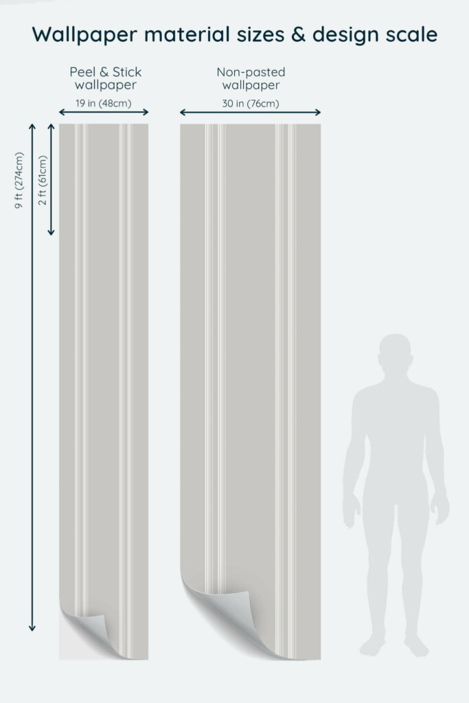 Size comparison of Garden Beadboard Peel & Stick and Non-pasted wallpapers with design scale relative to human figure