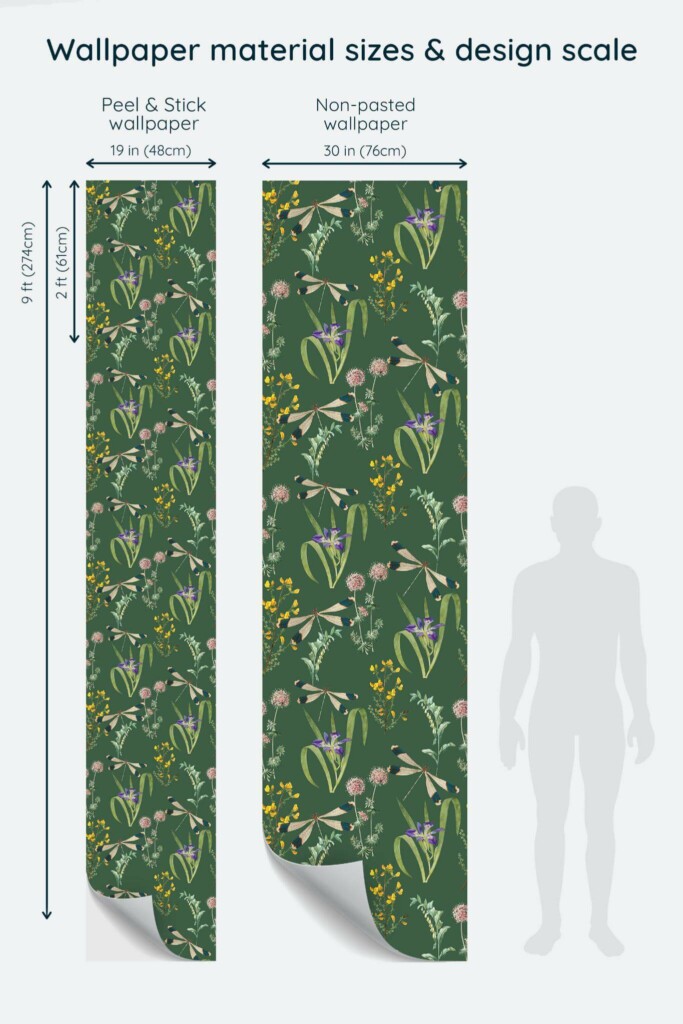 Size comparison of Garden dragonfly Peel & Stick and Non-pasted wallpapers with design scale relative to human figure