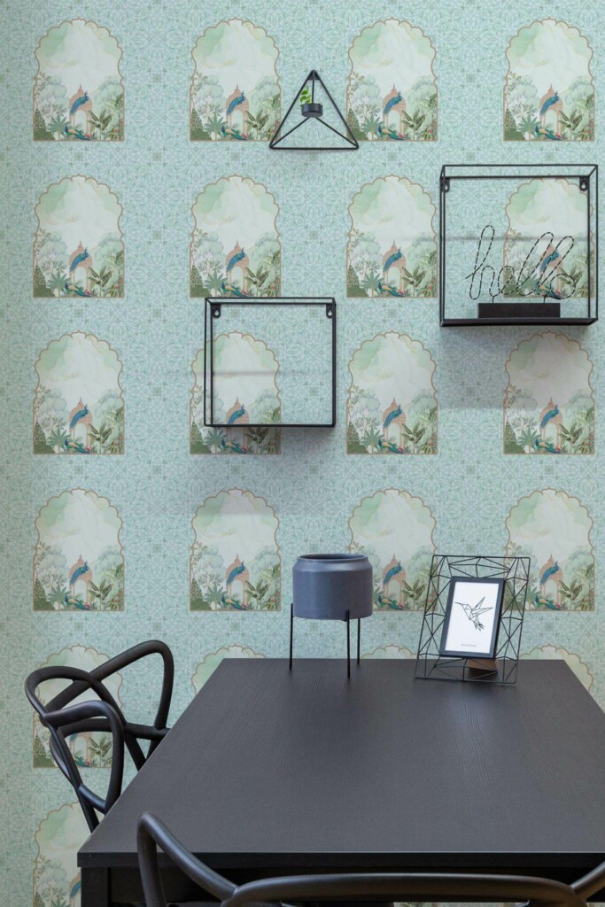 Industrial modern style dining room decorated with Gardens of Jaipur peel and stick wallpaper