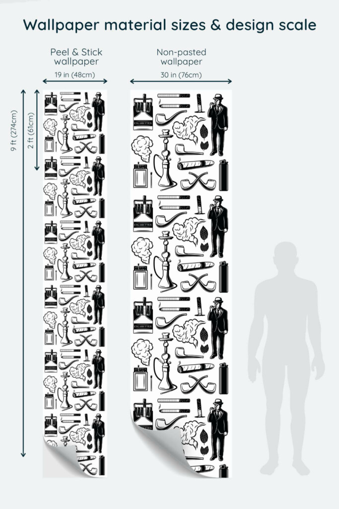 Size comparison of Gentleman kit Peel & Stick and Non-pasted wallpapers with design scale relative to human figure