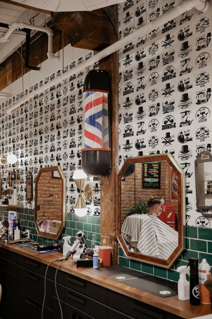 Mid-century style barber shop decorated with Gentlemen's club peel and stick wallpaper