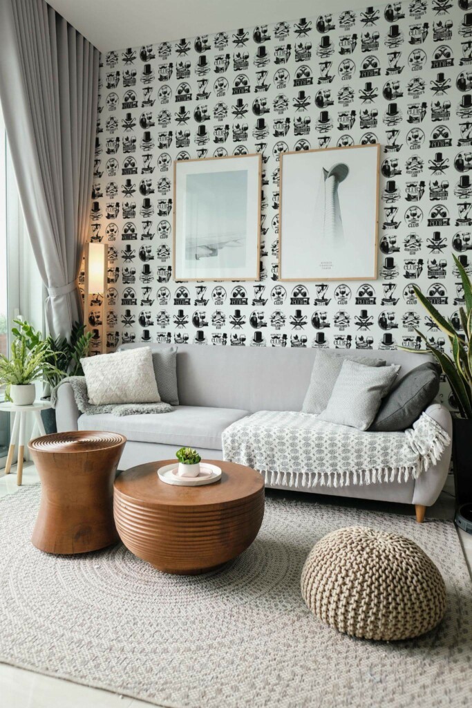 Modern scandinavian style living room decorated with Gentlemen's club peel and stick wallpaper and green plants