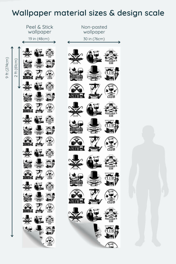 Size comparison of Gentlemen’s club Peel & Stick and Non-pasted wallpapers with design scale relative to human figure
