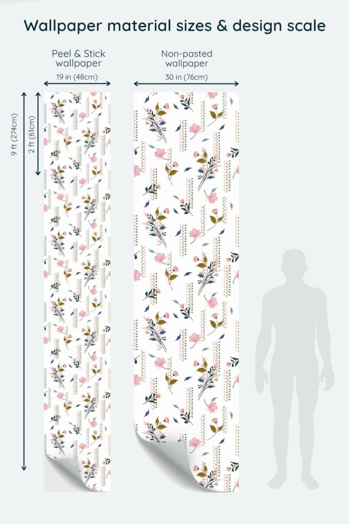 Size comparison of Geometric and floral Peel & Stick and Non-pasted wallpapers with design scale relative to human figure