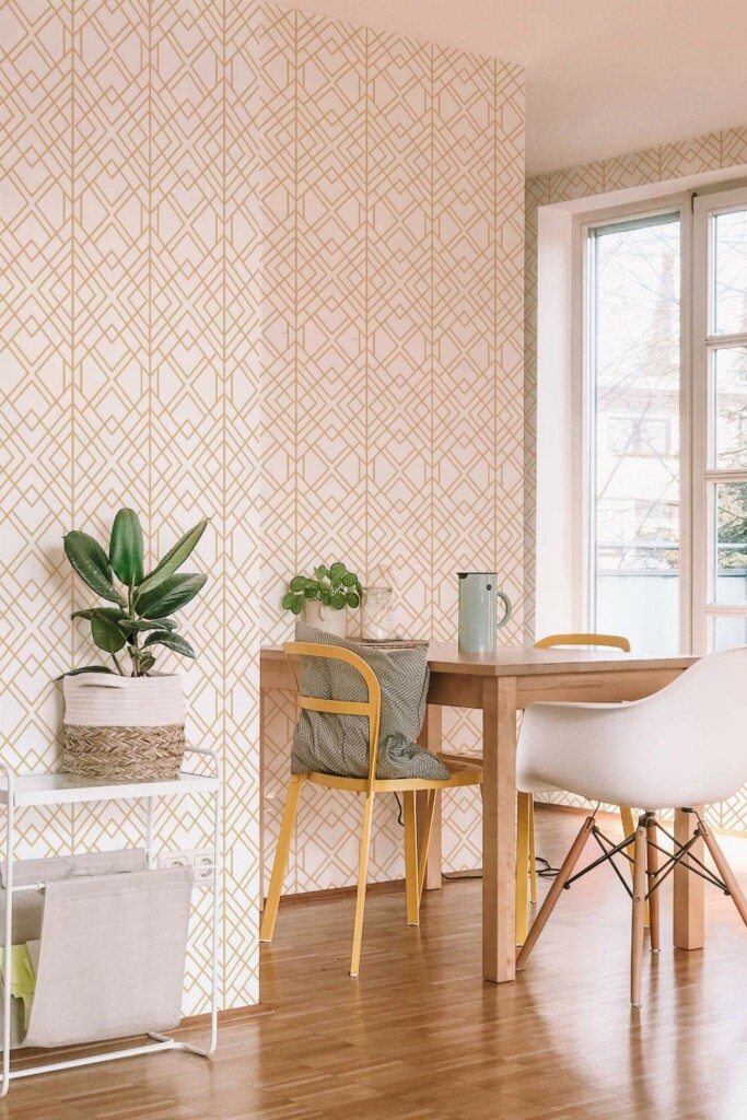 Minimal scandinavian style dining room decorated with Geometric Art deco peel and stick wallpaper