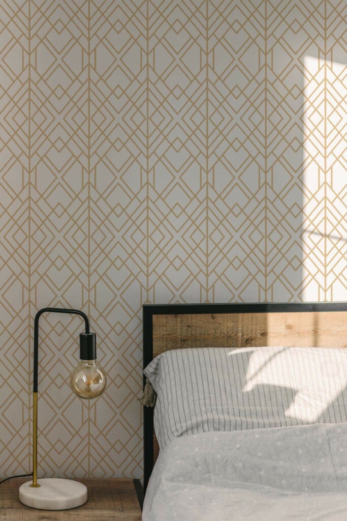 Minimal modern style bedroom decorated with Geometric Art deco peel and stick wallpaper