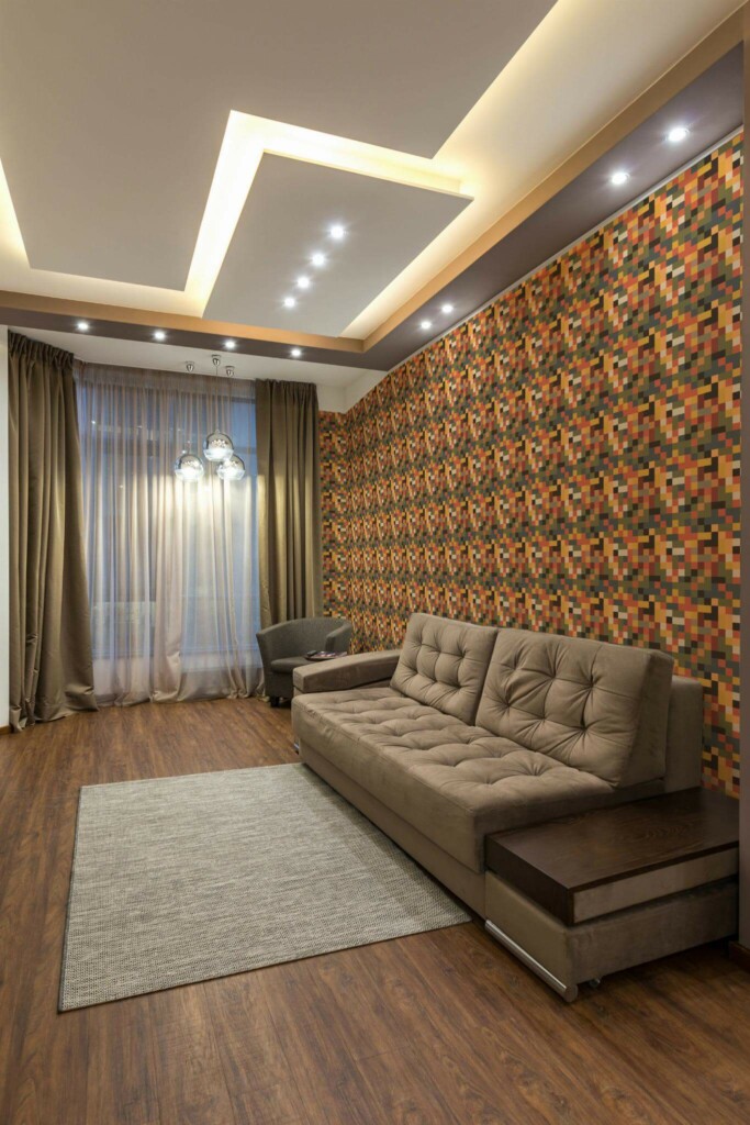 Modern Eastern European style living room decorated with Geometric autumn palette peel and stick wallpaper