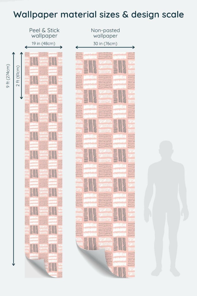 Size comparison of Geometric boho Peel & Stick and Non-pasted wallpapers with design scale relative to human figure