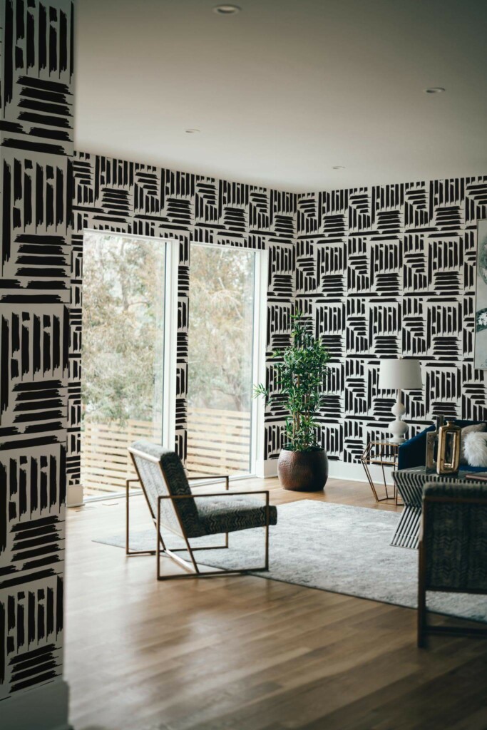 Modern style living room decorated with Geometric Brush stroke peel and stick wallpaper