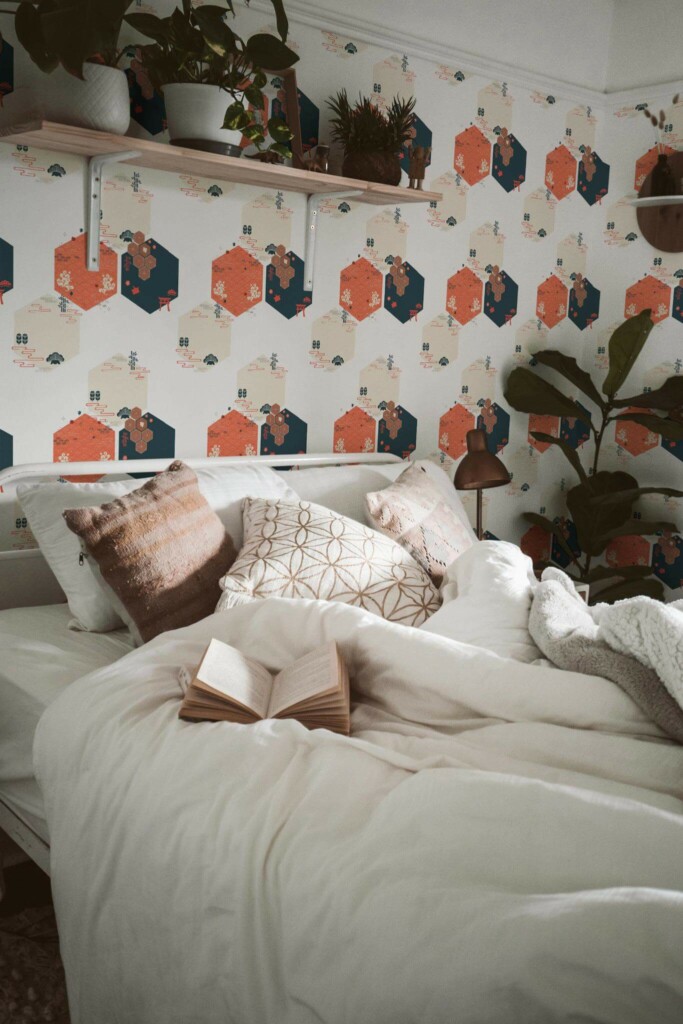 Boho style bedroom decorated with Geometric chinoiseries peel and stick wallpaper