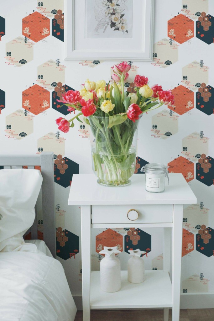 Farmhouse style bedroom decorated with Geometric chinoiseries peel and stick wallpaper
