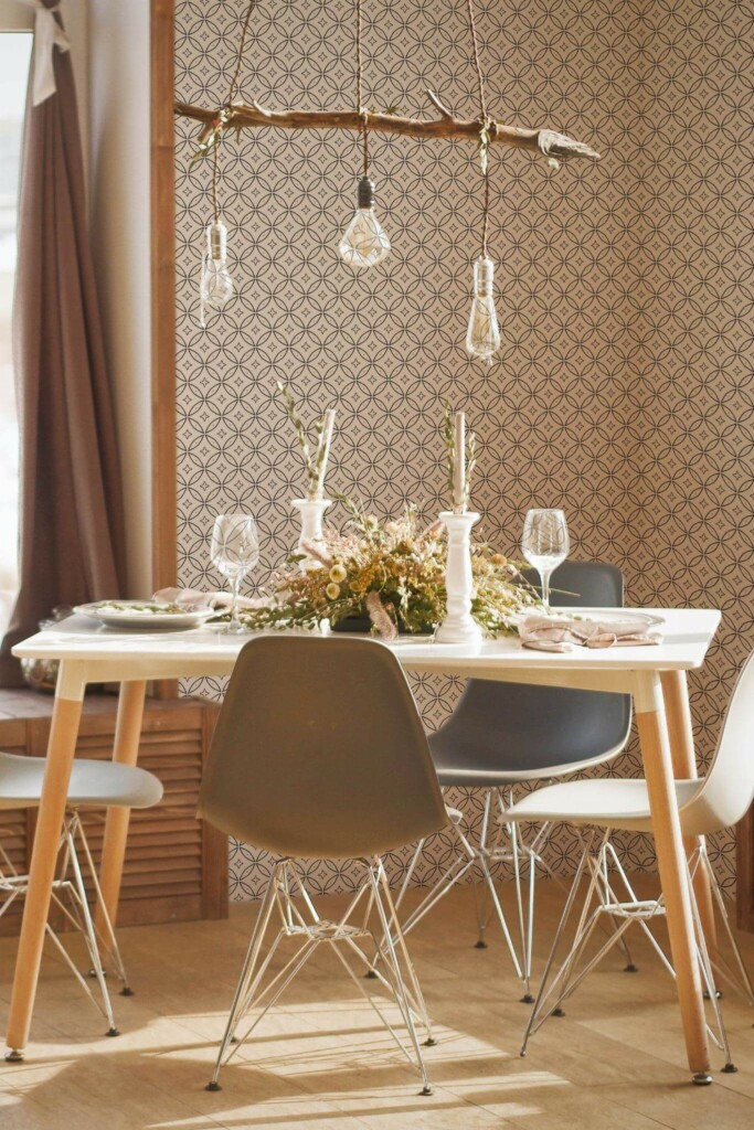 Modern boho style dining room decorated with Geometric circle ornament peel and stick wallpaper