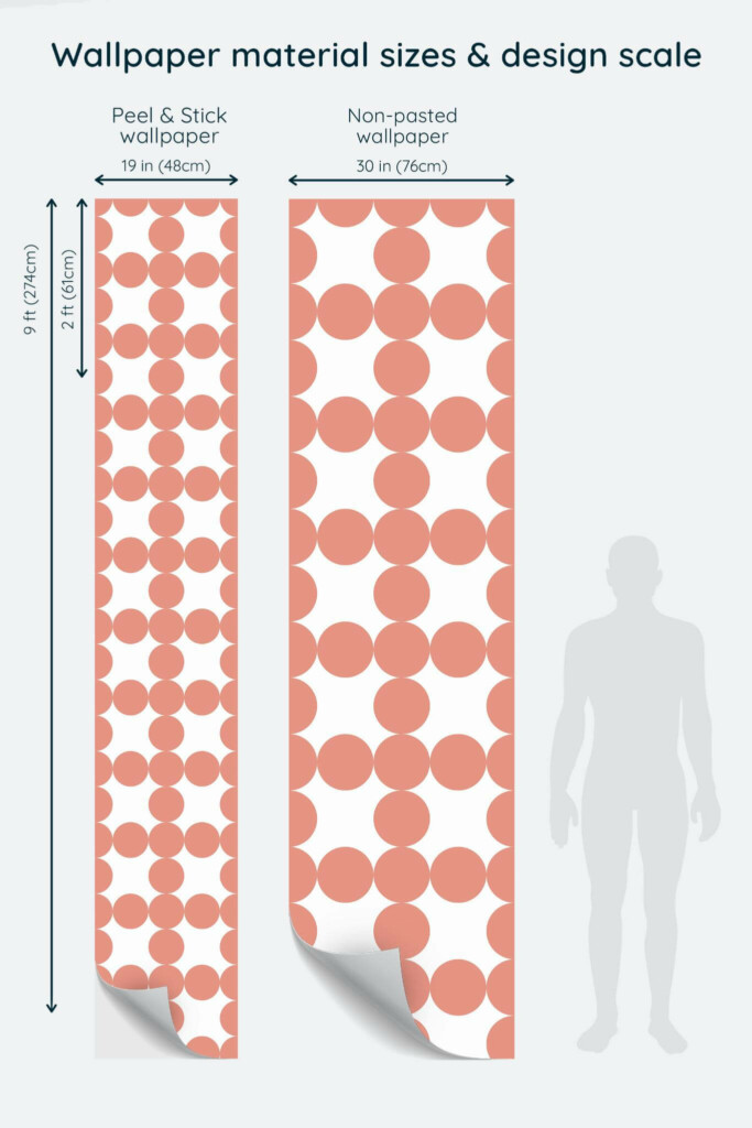 Size comparison of Geometric circle Peel & Stick and Non-pasted wallpapers with design scale relative to human figure