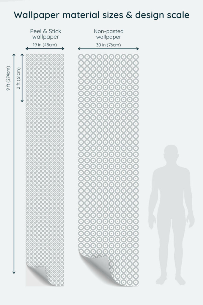 Size comparison of Geometric circles and dots Peel & Stick and Non-pasted wallpapers with design scale relative to human figure