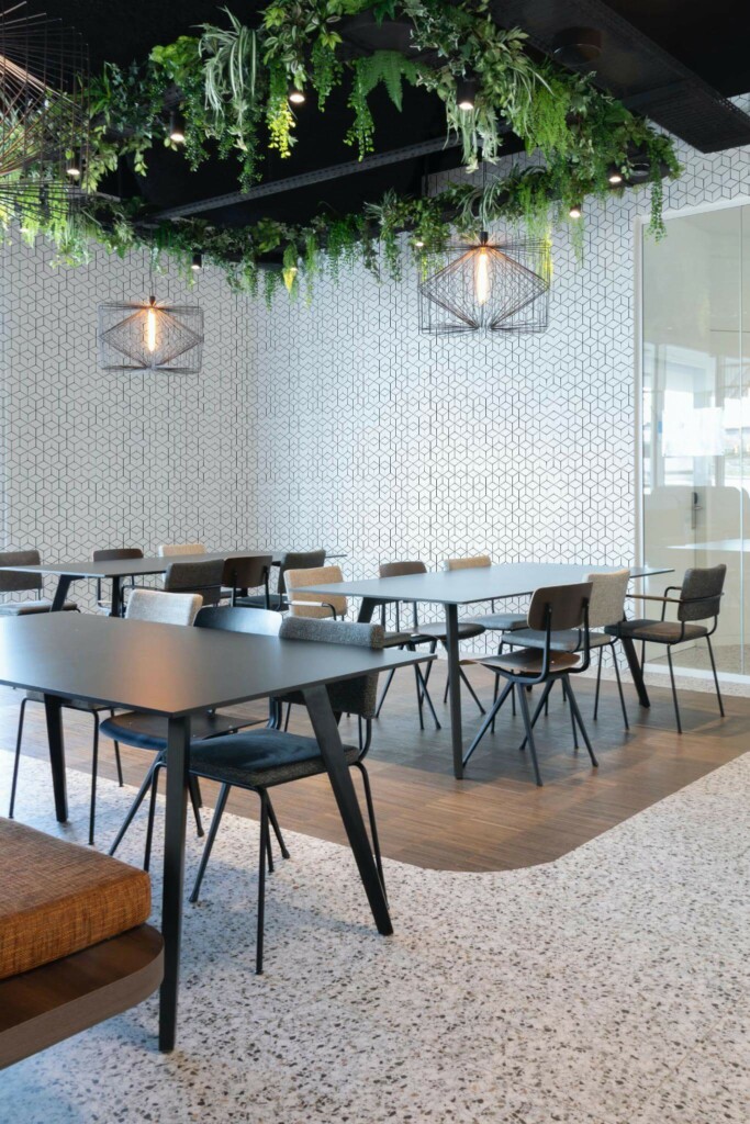 Modern style cafe decorated with Geometric cube peel and stick wallpaper
