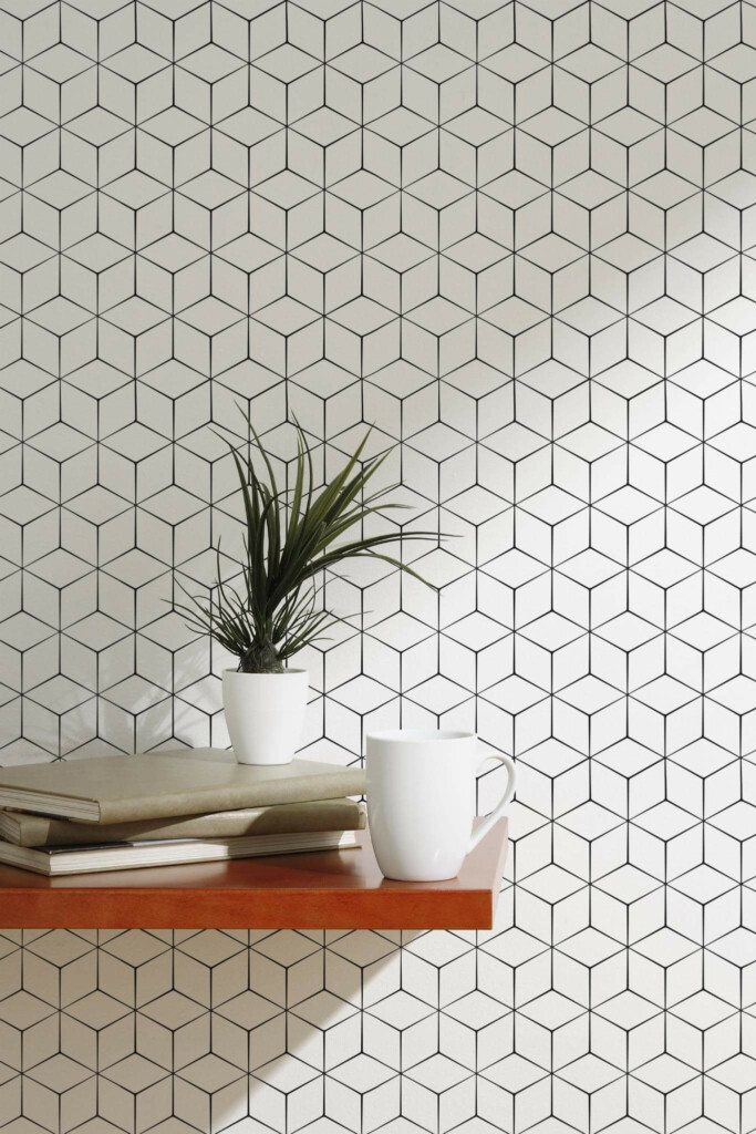 Scandinavian style accent wall decorated with Geometric cube peel and stick wallpaper